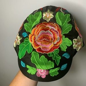 Floral Embroidered Ivy/Newsboy Cap with Pony Tail Hole